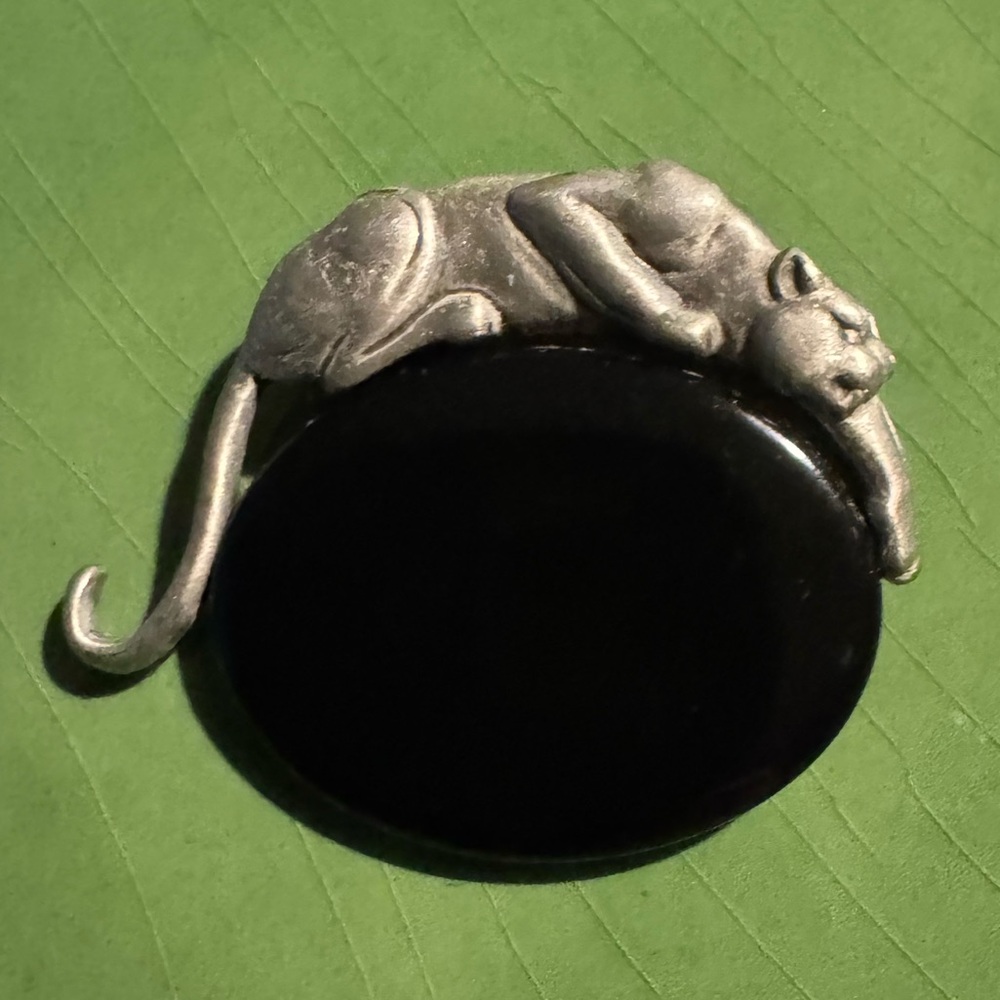 Vintage Brooch - Silver Panther on Black Cabochon - Signed JJ 1988